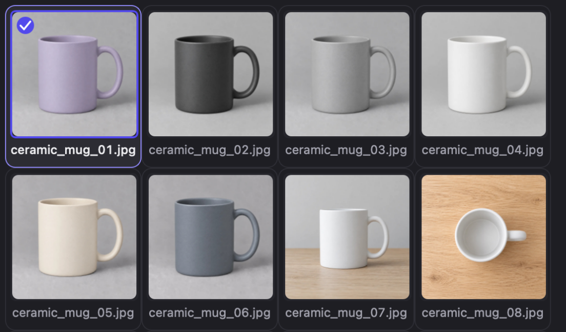 Dataset grid of the ceramic_mug project with the first image selected