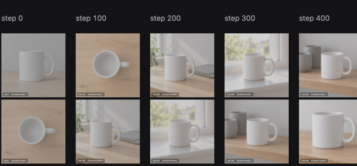 Simulated samples from steps 0, 100, 200, 300 and 400