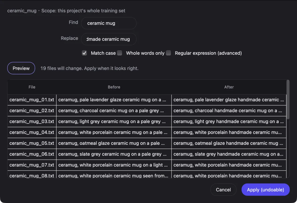Find and replace preview: 19 files will change, before and after for each caption