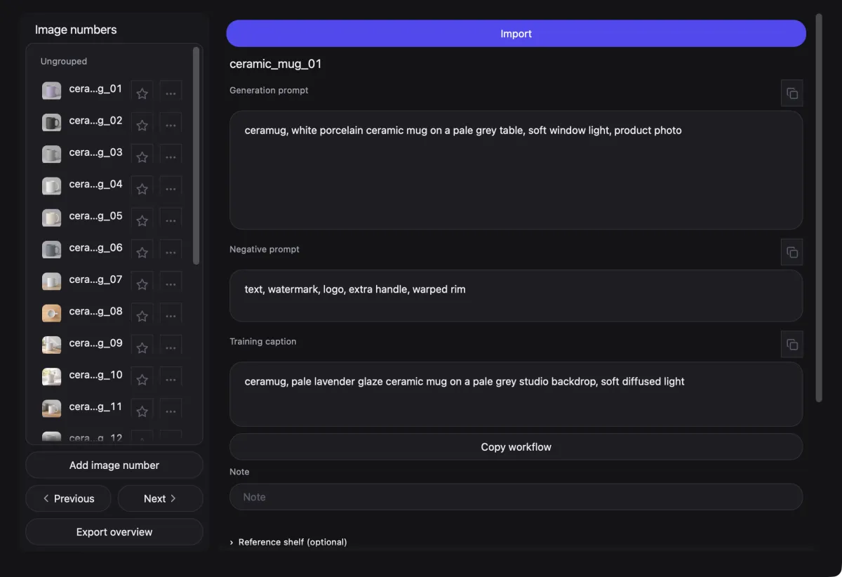 Generate: image numbers, prompts, training caption, copy workflow and import