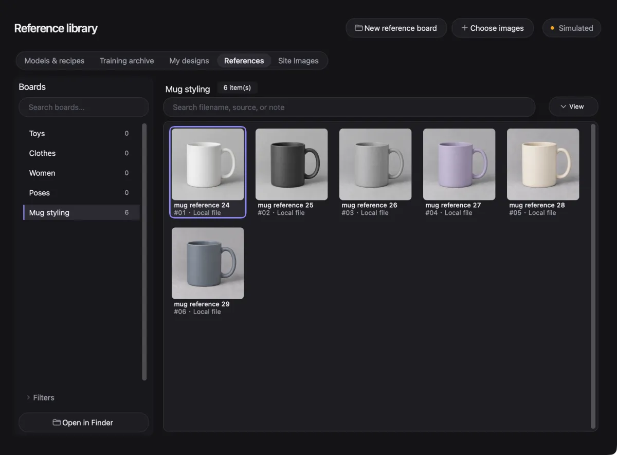Reference library with a Mug styling board of eight synthetic images