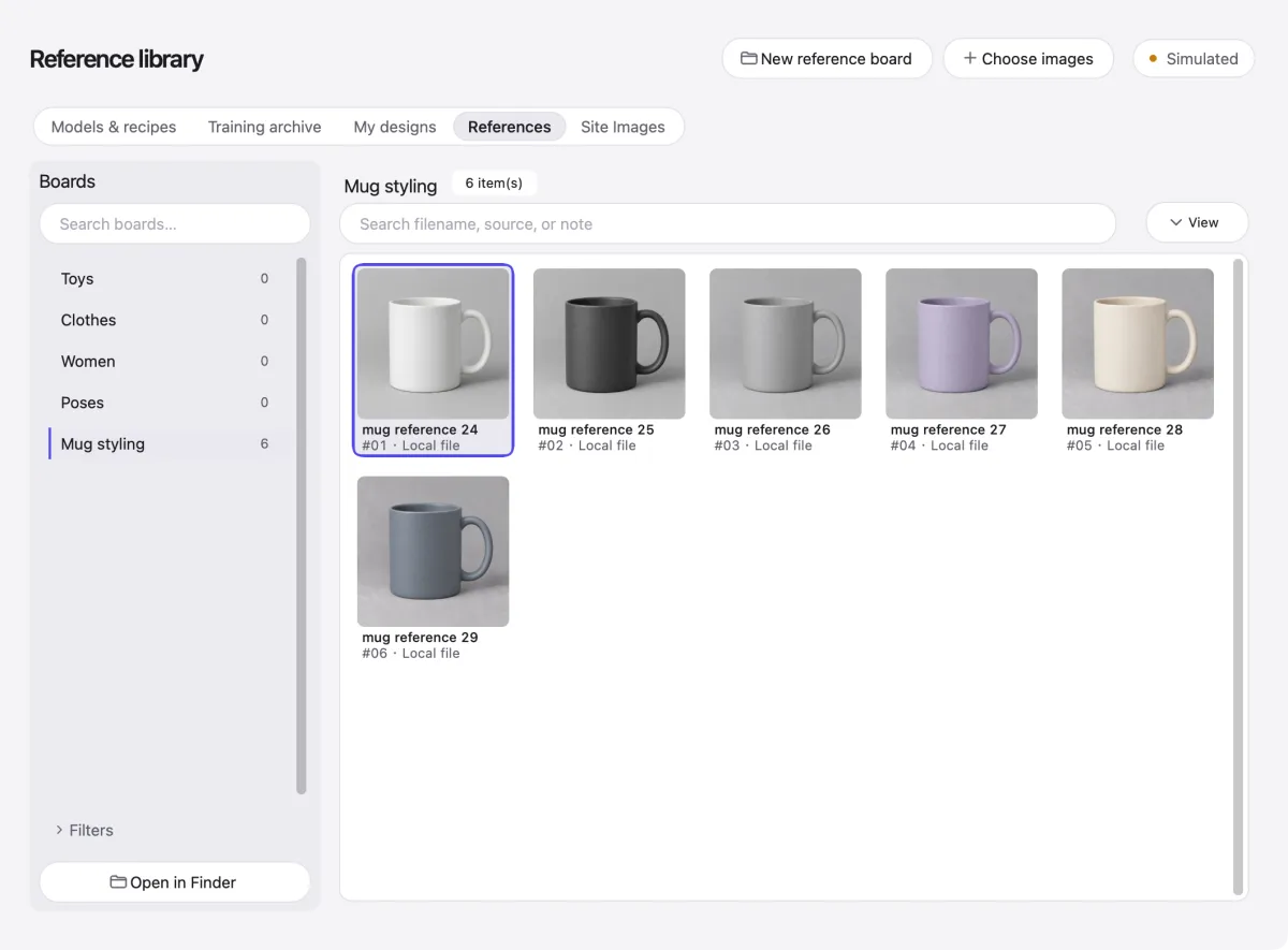 Reference library with a Mug styling board of eight synthetic images