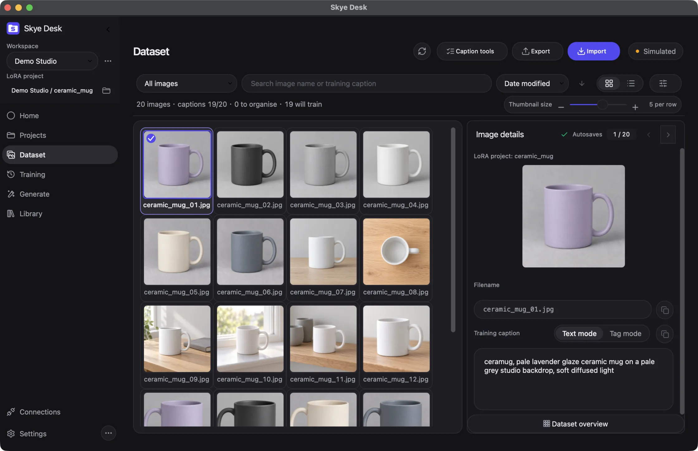 Skye Desk Dataset page: the ceramic_mug project, 20 images and 19 captions