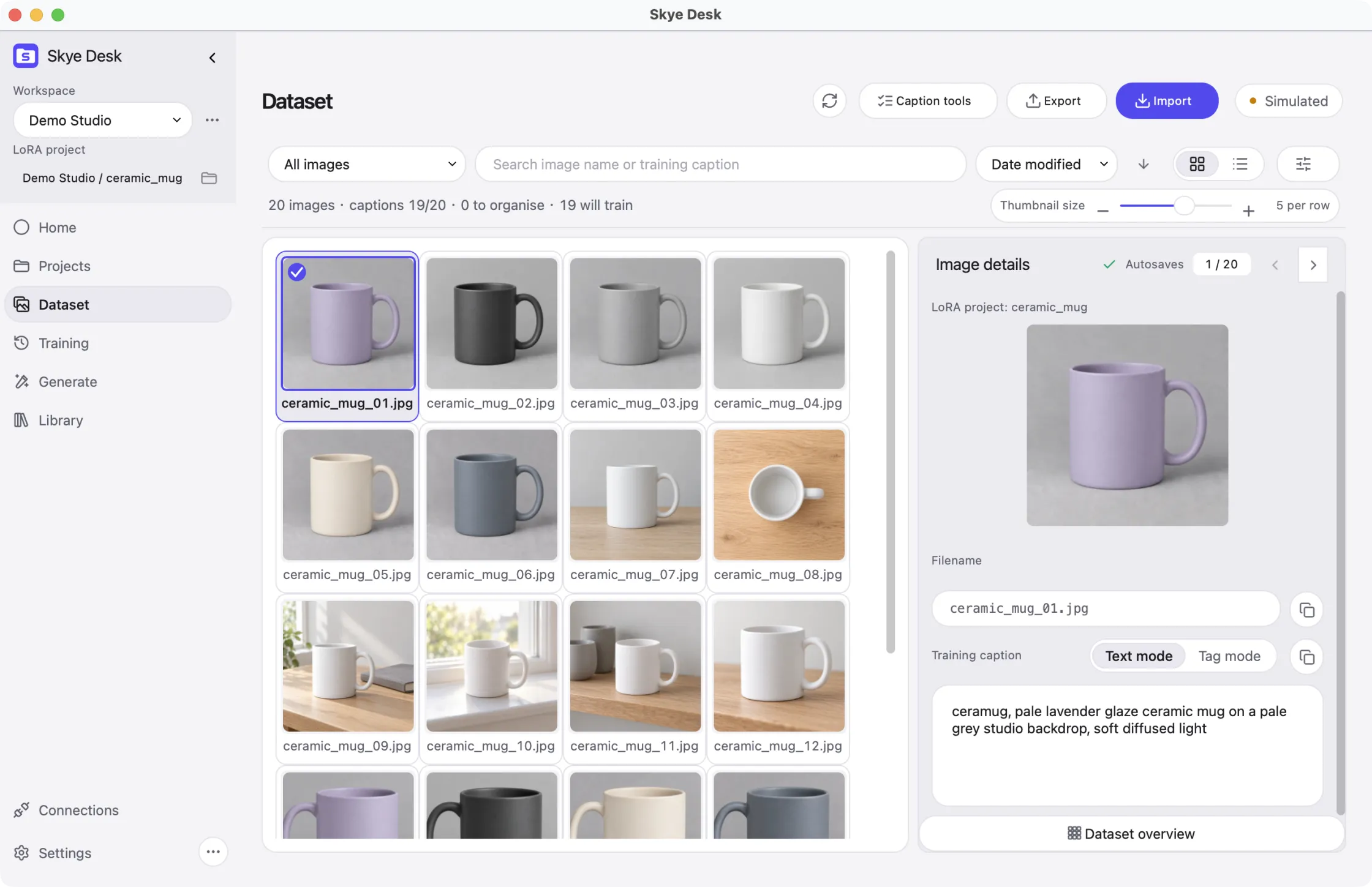 Skye Desk Dataset page: the ceramic_mug project, 20 images and 19 captions